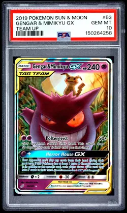 2019 POKEMON SUN & MOON TEAM UP #53 GENGAR & MIMIKYU GX PSA 10 - Image 1