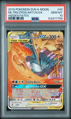 2019 POKEMON SUN & MOON HIDDEN FATES #44 MOLTRES & ZAPDOS & ARTICUNO GX PSA 10 - Image 1