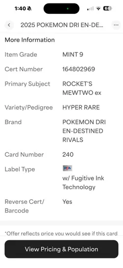 Pokemon Mewtwo EX TCG Hyper Rare Card Team Rockets 240/182 Destined Rivals - Image 3