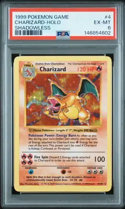 1999 Pokemon Game #4 Charizard Holo Shadowless PSA 6 - Image 1