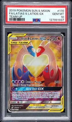 2019 POKEMON SUN & MOON TEAM UP #170 FULL ART/LATIAS & LATIOS GX PSA 10 - Image 1