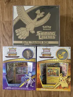 Pokemon Shining Legends Elite Trainer Box + Mewtwo Pikachu Pin Collection Boxes - Image 1