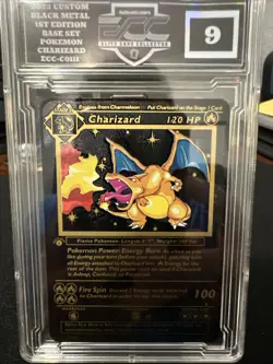 2023 Custom Black Metal 1st Edition Base Set Pokemon Charizard Graded ECC 9 - Image 2