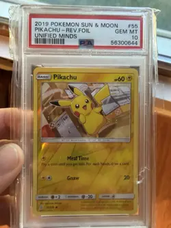 Pokemon 2019 SM Unified Minds Pikachu 55/236 Reverse Holo English PSA 10 - Image 1