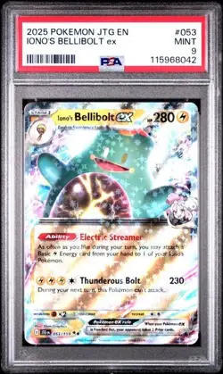 2025 Pokemon JTG EN Iono's Bellibolt ex Extended Art DOUBLE RARE #053 PSA 9 MINT - Image 1