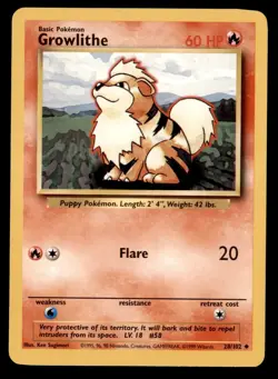 4X Pokemon Card Growlithe Base Set 28/102 LIGHTLY PLAYED Non-Holo Uncommon TCG!! - Image 1