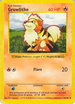 Growlithe 28/102 Uncommon Base Set Shadowless Pokemon Unlimited Heavily Played - Image 1