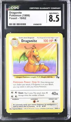 CGC 8.5 NM/MINT+ Dragonite 19/62 Fossil Pokemon Card - Image 1