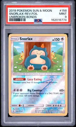 2019 POKEMON SUN & MOON UNBROKEN BONDS #158 SNORLAX-REVERSE FOIL PSA 9 - Image 1