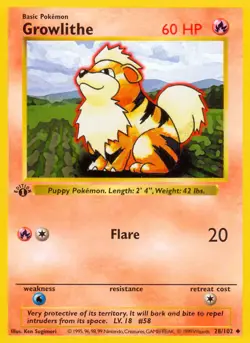 Growlithe (28/102) (Shadowless) [Base Set 1st Edition] Near Mint 1st Edition No - Image 1