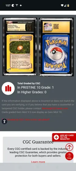(POP 1) CGC 10 PRISTINE Aquapolis Healing Berry Trainer Tool Pokemon 125/147 - Image 4