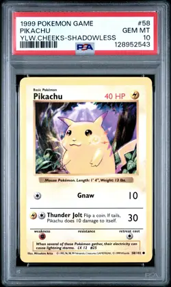 1999 POKEMON GAME YELLOW CHEEKS-SHADOWLESS #58 PIKACHU PSA 10 - Image 1