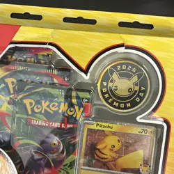 Pokemon TCG Pokemon Day 2026 Collection Pikachu Stamped Promo + 3 Packs Coin - Image 2