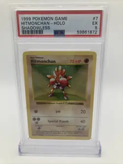 1999 Pokemon Base Set Hitmonchan Holo Shadowless 7/102 PSA 5 EX - Image 1