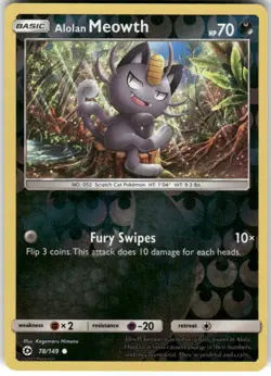 Alolan Meowth 78/149 Common SM Base Set Pokemon Reverse Holo Lightly Played - Image 1