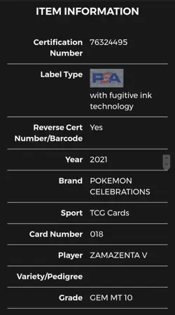2021 ZAMAZENTA V Pokemon Celebrations #018 Full Art Holo PSA 10 GEM MINT - Image 5