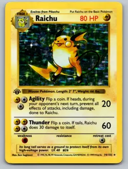 Raichu 14/102 Holo Rare Base Set Shadowless Pokemon 1st Edition Holo MP - Image 1