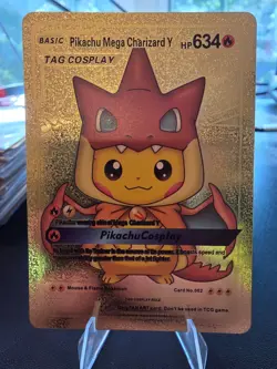 Basic Pikachu Mega Charizard Y Tag Cosplay HP634 Gold Foil Fan Art Pokemon Card - Image 1