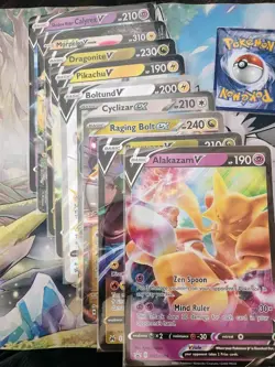 9 JUMBO POKEMON CARD LOT Feat. Rayquaza V/Alakazam V/Raging Bolt EX/Pikachu V - Image 1