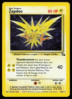 Zapdos 15/62 Unlimited Holo Rare Fossil Pokemon Card Damaged - Image 1
