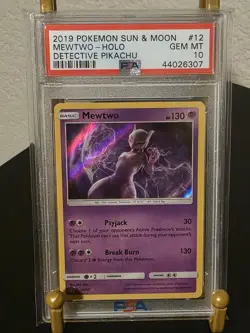 PSA 10 GEM MINT 2019 POKEMON SUN & MOON MEWTWO - HOLO DETECTIVE PIKACHU #12 - Image 1