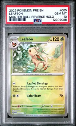 Pokemon English Prismatic Evolutions PSA 10 Leafeon Masterball Reverse Holo #005 - Image 1