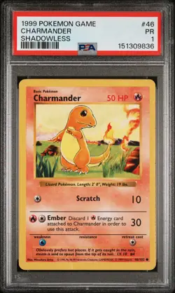 1999 POKEMON BASE SET SHADOWLESS #46 CHARMANDER PSA 1 - Image 1