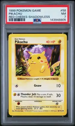1999 Pokemon TCG Pikachu Red Cheeks Shadowless 058/102 PSA 7 - Image 1