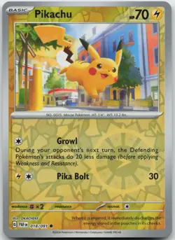 PIKACHU 018/091 COMMON PALDEAN FATES POKEMON REVERSE HOLO NEAR MINT - Image 1