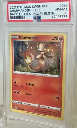 2021 Pokemon # 092 Charmander Holo PSA 8 Battle Styles Blister Promo SWIRL - Image 1