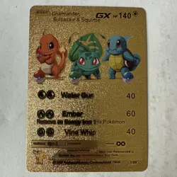 Charmander, Bulbasaur & Squirtle GX Gold Foil Fan Art Pokemon Textured 3/99 - Image 1