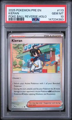 2025 Pokemon EN-Prismatic Evolutions Kieran Poke Ball Reverse Holo PSA 10 #113 - Image 1