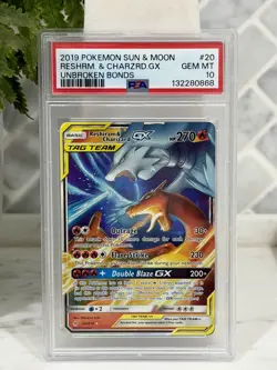2019 Pokemon Unbroken Bonds Tag Team Reshiram & Charizard GX 20/214 PSA 10 - Image 1