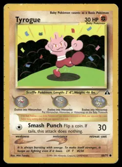 Pokemon Cards Tyrogue 66/75 Neo Discovery Common HP *2 - Image 1