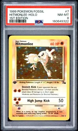 1999 Pokemon Fossil 7 Hitmonlee Holo 1st Edition PSA 8 Near Mint - Image 1