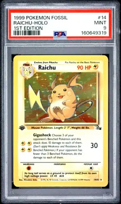 1999 Pokemon Fossil 14 Raichu Holo 1st Edition PSA 9 Mint - Image 1