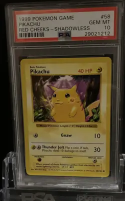 1999 POKEMON BASE SET SHADOWLESS RED CHEEKS-#58 PIKACHU PSA 10 - Image 1