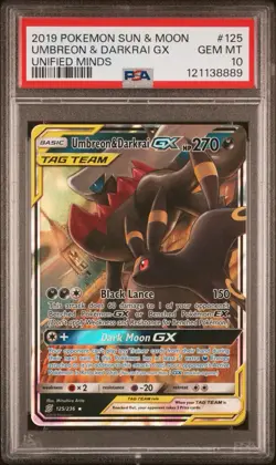 PSA 10 GEM MINT 2019 POKEMON SUN & MOON UNIFIED MINDS #125 UMBREON & DARKRAI GX - Image 1
