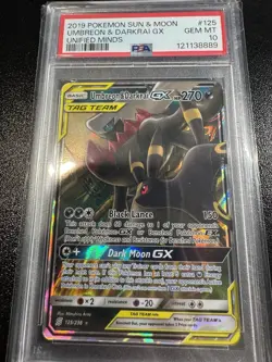 PSA 10 GEM MINT 2019 POKEMON SUN & MOON UNIFIED MINDS #125 UMBREON & DARKRAI GX - Image 4