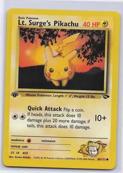 Lt. Surge's Pikachu 84/132 Common Gym Challenge Pokemon 1st Edition MP - Image 1