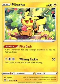 Pikachu 052/196 Common Lost Origin Pokemon Lightly Played - Image 1