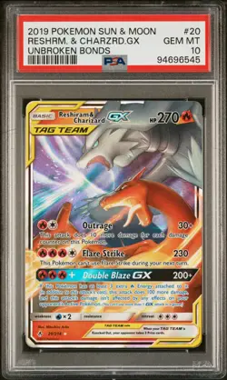 2019 POKEMON SUN & MOON UNBROKEN BONDS #20 RESHIRAM & CHARIZARD GX PSA 10 - Image 1