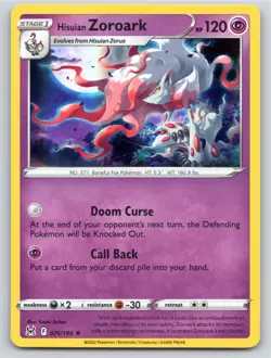 2022 POKEMON HISUIAN ZOROARK LOST ORIGIN 076/196 HOLO HOLO RARE NM - Image 1