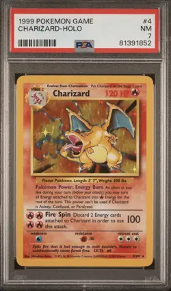 Pokemon TCG Base Set Charizard Holo Rare Card 1999 Unlimited, PSA 7 NM - Image 1