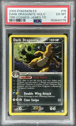 2004 Pokemon EX Dark Dragonite Holo TRR-Cosmos-James TD #15/109 (PSA 6) - Image 1
