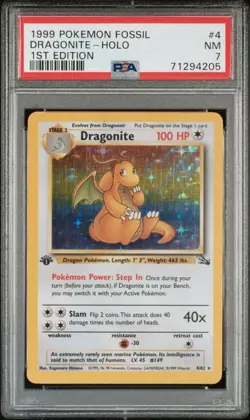 1999 POKEMON FOSSIL #4 DRAGONITE-HOLO 1ST EDITION PSA 7 - Image 1