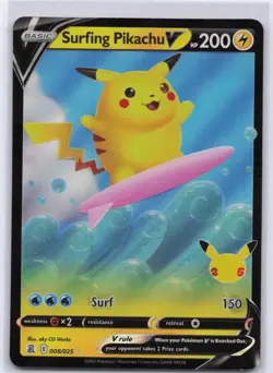 Surfing Pikachu V 008/025 Holo V Rare Celebrations Pokemon Near Mint - Image 1