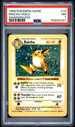 1999 POKEMON GAME SHADOWLESS #14 RAICHU-HOLO PSA 7 - Image 1