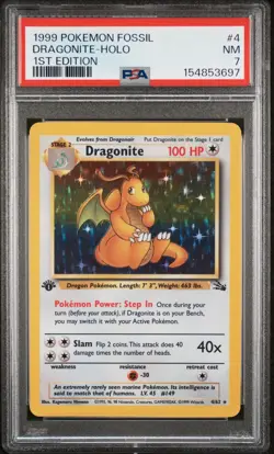 PSA 7 NEW CERT* - 1999 DRAGONITE #4 1ST EDITION HOLO - FOSSIL - POKEMON CARD - Image 1