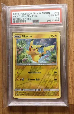 2019 Pokemon Sun & Moon Pikachu Hidden Fates Rev Foil Card PSA 10 - Image 1